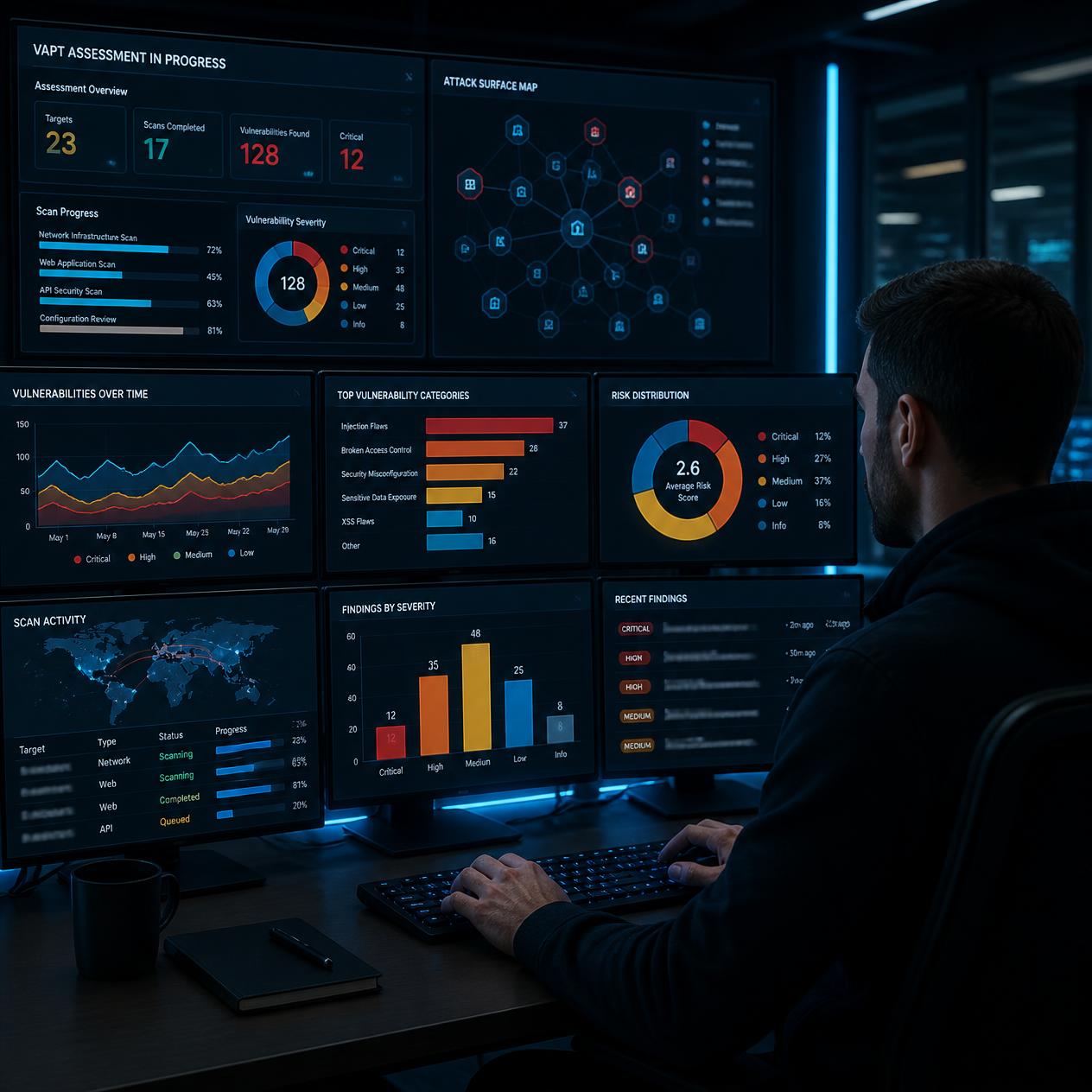 SP VAS vulnerability assessment dashboard showing risk findings and scan progress